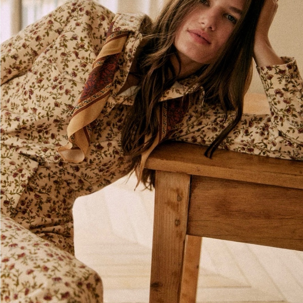 NWT Sezane Alba Miranda Ecru Print Corduroy  Button Down Shirt
